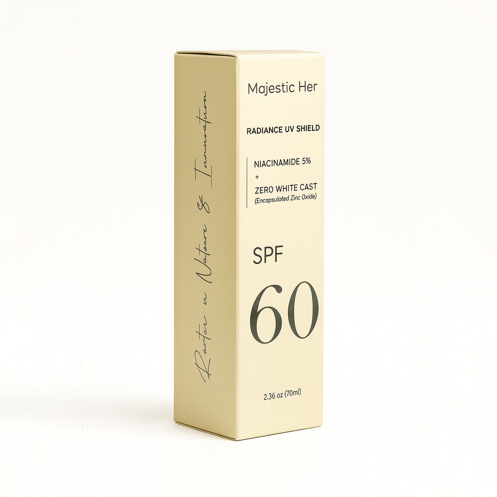 Majestic Her Radiance UV Shield SPF 60 packaging on a white background