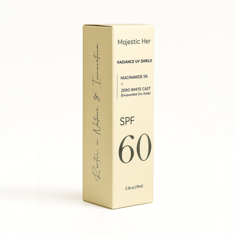 Majestic Her Radiance UV Shield SPF 60 packaging on a white background