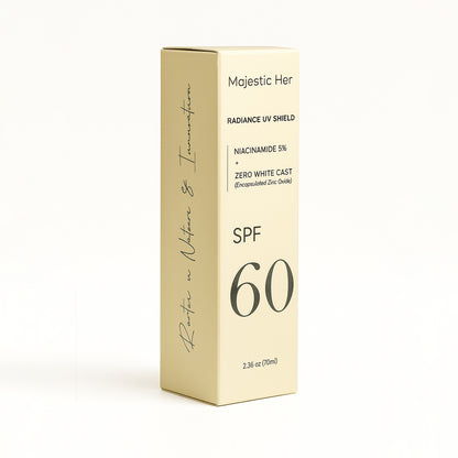 Majestic Her Radiance UV Shield SPF 60 packaging on a white background